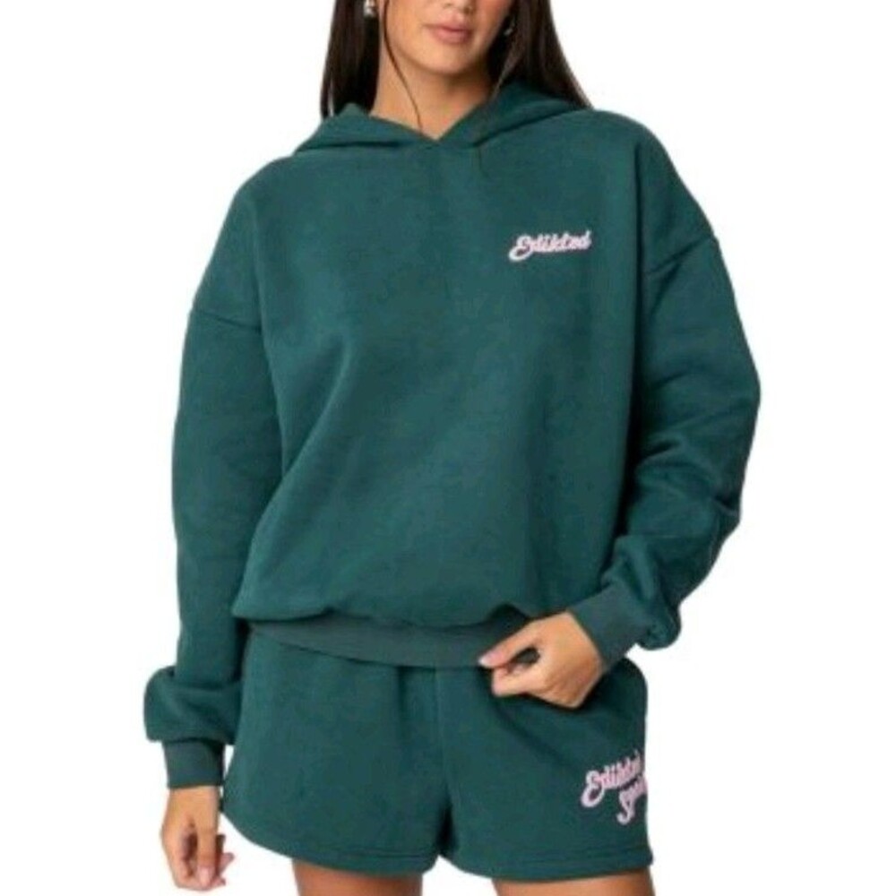 Edikted So Sporty Women M Pullover Fleece Hoodie Green Pink Logo Graphic NWOT